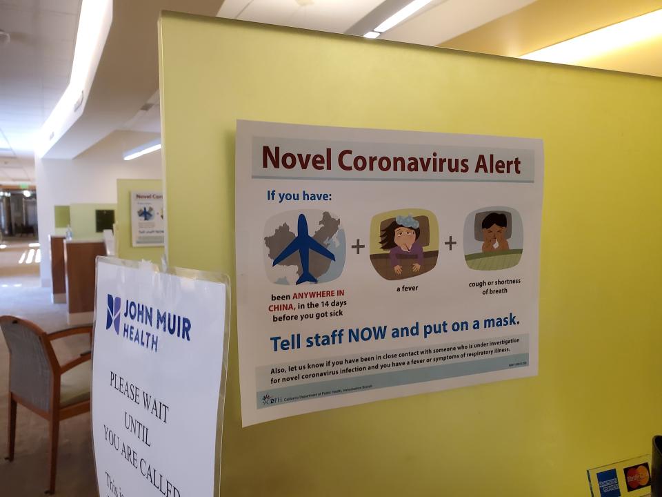 Warning sign with text reading "Novel Coronavirus Alert," referring to quarantine and screening procedures for patients at a John Muir Health medical center in Walnut Creek, California, Feb. 9, 2020. (Photo: Smith Collection/Gado via Getty Images)