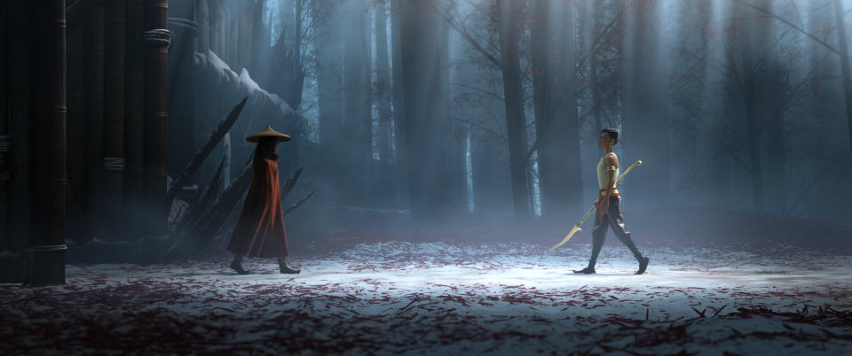 Raya and her nemesis, Namaari, face off amid the snowy mountains of Spine. Featuring Kelly Marie Tran as the voice of Raya and Gemma Chan as the voice of Namaari, Walt Disney Animation Studiosâ€™ â€œRaya and the Last Dragonâ€ will be in theaters and on Disney+ with Premier Access on March 5, 2021. Â© 2021 Disney. All Rights Reserved.