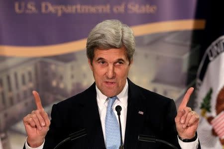 U.S. Secretary of State John Kerry speaks at a reception celebrating the completion of the U.S. Diplomacy Center Pavilion in Washington, U.S., January 10, 2017. REUTERS/Yuri Gripas