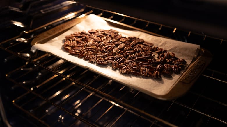 oven tray of roasted pecans