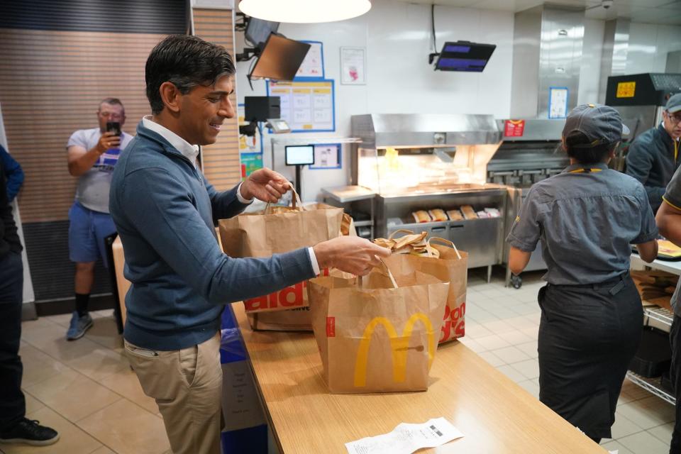 Prime Minister Rishi Sunak gathers McDonald’s breakfasts at Beaconsfield services in Buckinghamshire (Jonathan Brady/PA Wire)