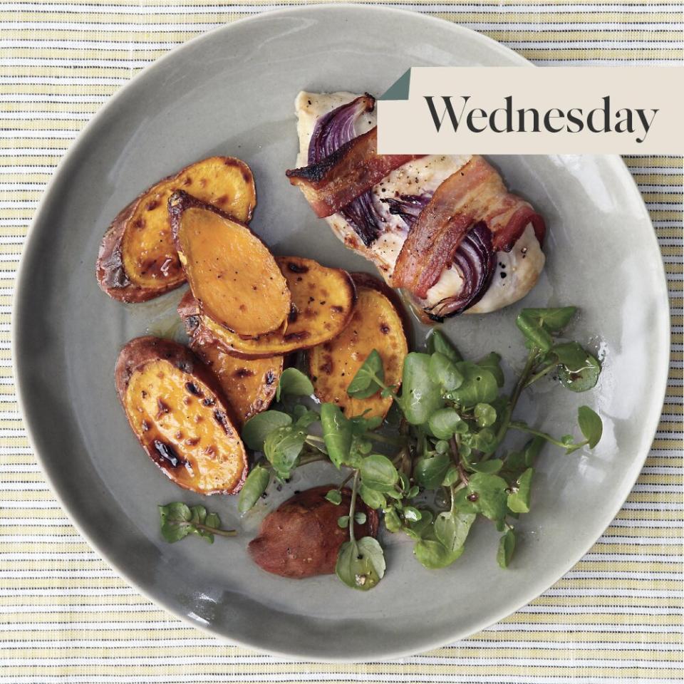 broiled bacon-wrapped chicken with sweet potatoes and watercress