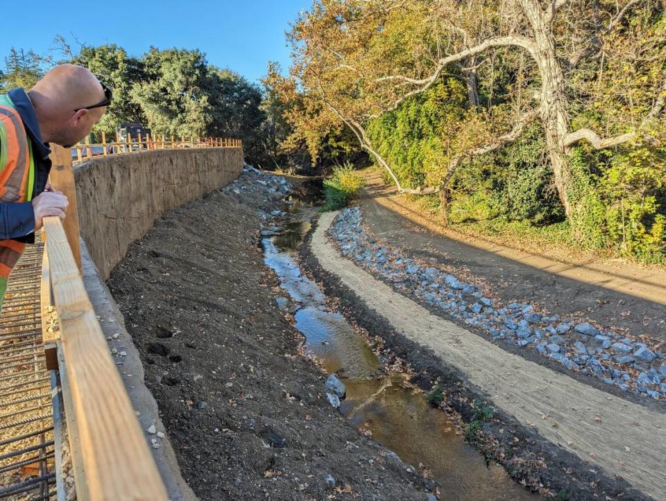 A new wall was built along San Luis Obispo Creek along San Luis Drive to prevent future erosion from encroaching upon a nearby road and the high school