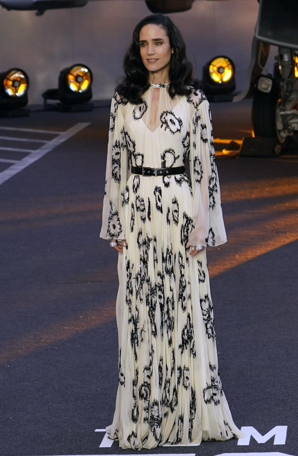 Jennifer Connelly poses for the media during the 'Top Gun Maverick' UK premiere at a central London cinema, on Thursday, May 19, 2022. (AP Photo/Alberto Pezzali)