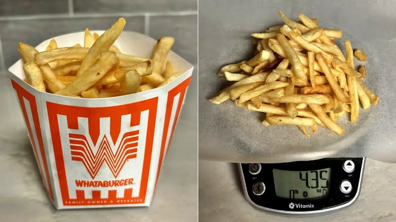 Whataburger fries in container next to fries on food scale