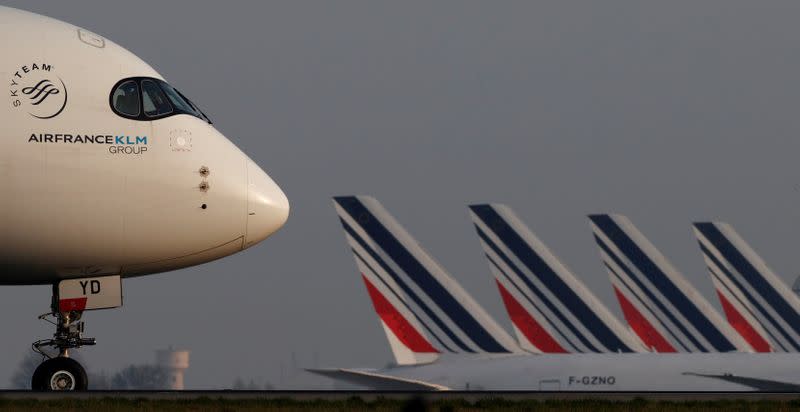 FILE PHOTO: An Air France airplane lands at the Charles-de-Gaulle airport in Roissy