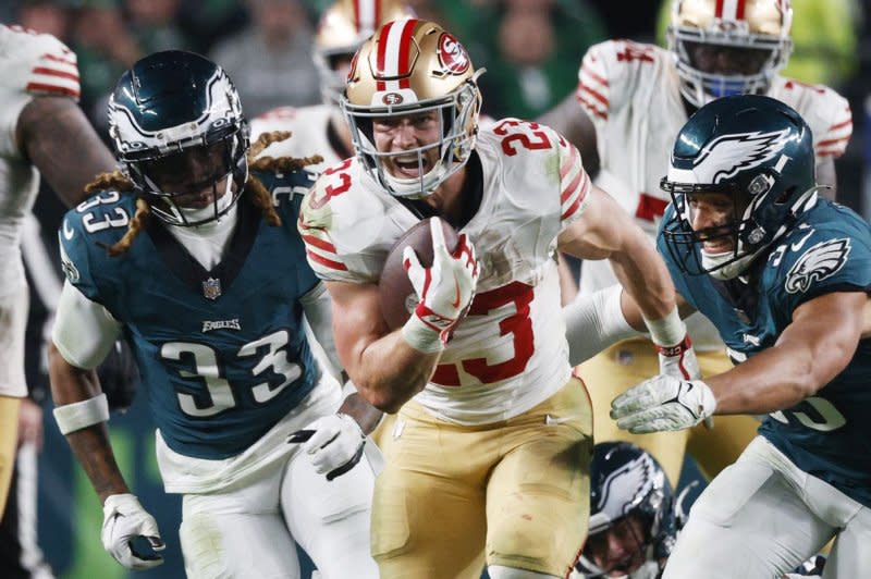 San Francisco 49ers running back Christian McCaffrey (C) is my top fantasy football option for Week 16. File Photo by Laurence Kesterson/UPI