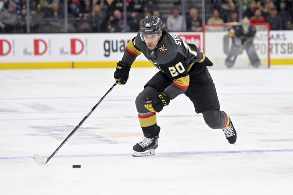 FILE - Vegas Golden Knights center Chandler Stephenson skates against the Nashville Predators during the second period of an NHL hockey game, Thursday, March 24, 2022, in Las Vegas. New off-ice skate blade technology has been unveiled with the aim of helping hockey players train their bodies better when they're on the ice. Longtime trainer Kelly Riou and partners have developed DriBlades that can replace ice blades for lifting and other dryland training. Stanley Cup champion Chandler Stephenson is among the NHL players who train with Riou and have already tried out the blades. (AP Photo/David Becker, File)