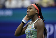 Coco Gauff, of the United States, reacts during a match against Naomi Osaka, of Japan, during the third round of the U.S. Open tennis tournament Saturday, Aug. 31, 2019, in New York. (AP Photo/Adam Hunger)