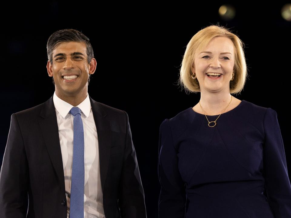 Conservative leadership hopefuls Liz Truss and Rishi Sunak appear together at the end of the final Tory leadership hustings at Wembley Arena on August 31, 2022 in London, England.