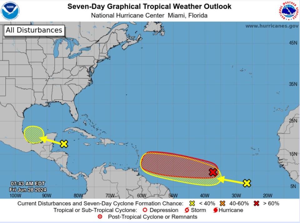 The National Hurricane Center is watching three disturbances for tropical development on June 28, 2024.