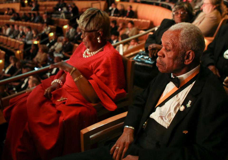 1968 Memphis sanitation worker Elmore Nickleberry and his wife Mary enjoy the MLK50 Luminary Awards Concert honoring the 1968 sanitation workers at the Cannon Center for the Performing Arts Monday, April 2, 2018, in Memphis, Tenn.