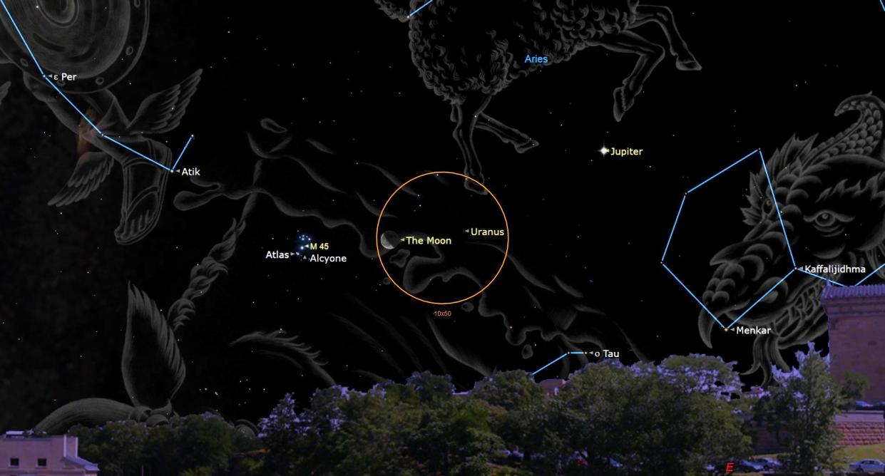  night sky august 2023 graphic showing the moon shine close to the seven sisters star cluster. 