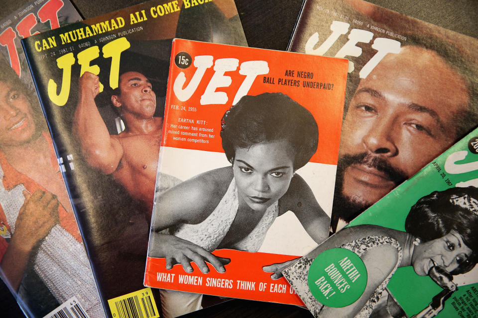 copies of JET magazine are displayed in the offices of Johnson Publishing Company