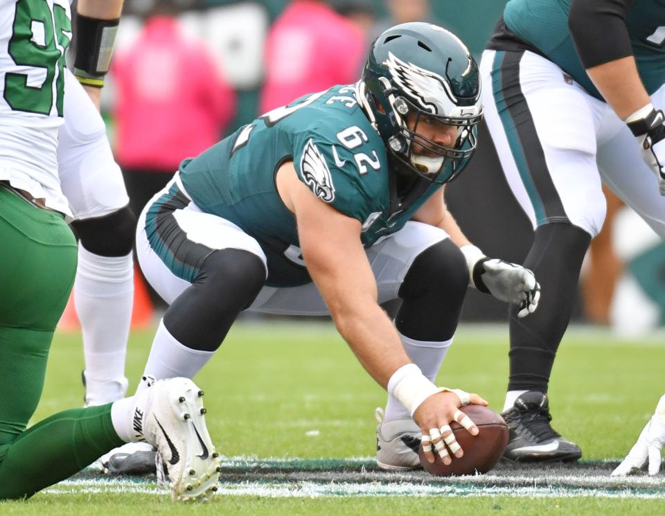 Eagles center Jason Kelce prepares to snap the ball against the New York Jets on Oct. 6, 2019, at Lincoln Financial Field in Philadelphia.
