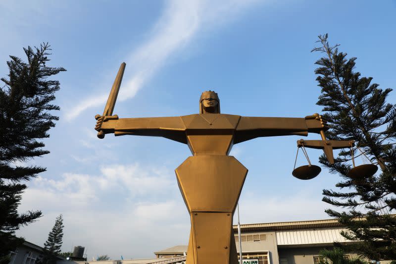 The Statue of Lady Justice is pictured at the premises of the Federal High Court in Lagos