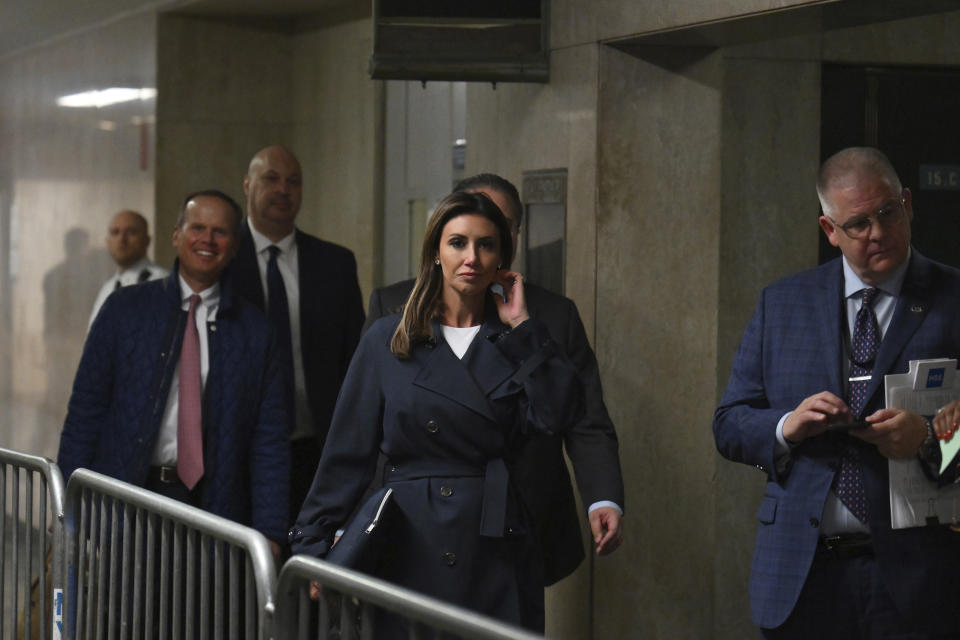 Alina Habba, an attorney for former President Donald Trump, leaves the courtroom during a break at Manhattan criminal court during Trump's trial in New York, on Monday, April 22, 2024. Opening statements in Trump's historic hush money trial are set to begin. Trump is accused of falsifying internal business records as part of an alleged scheme to bury stories he thought might hurt his presidential campaign in 2016. (Angela Weiss/Pool Photo via AP)