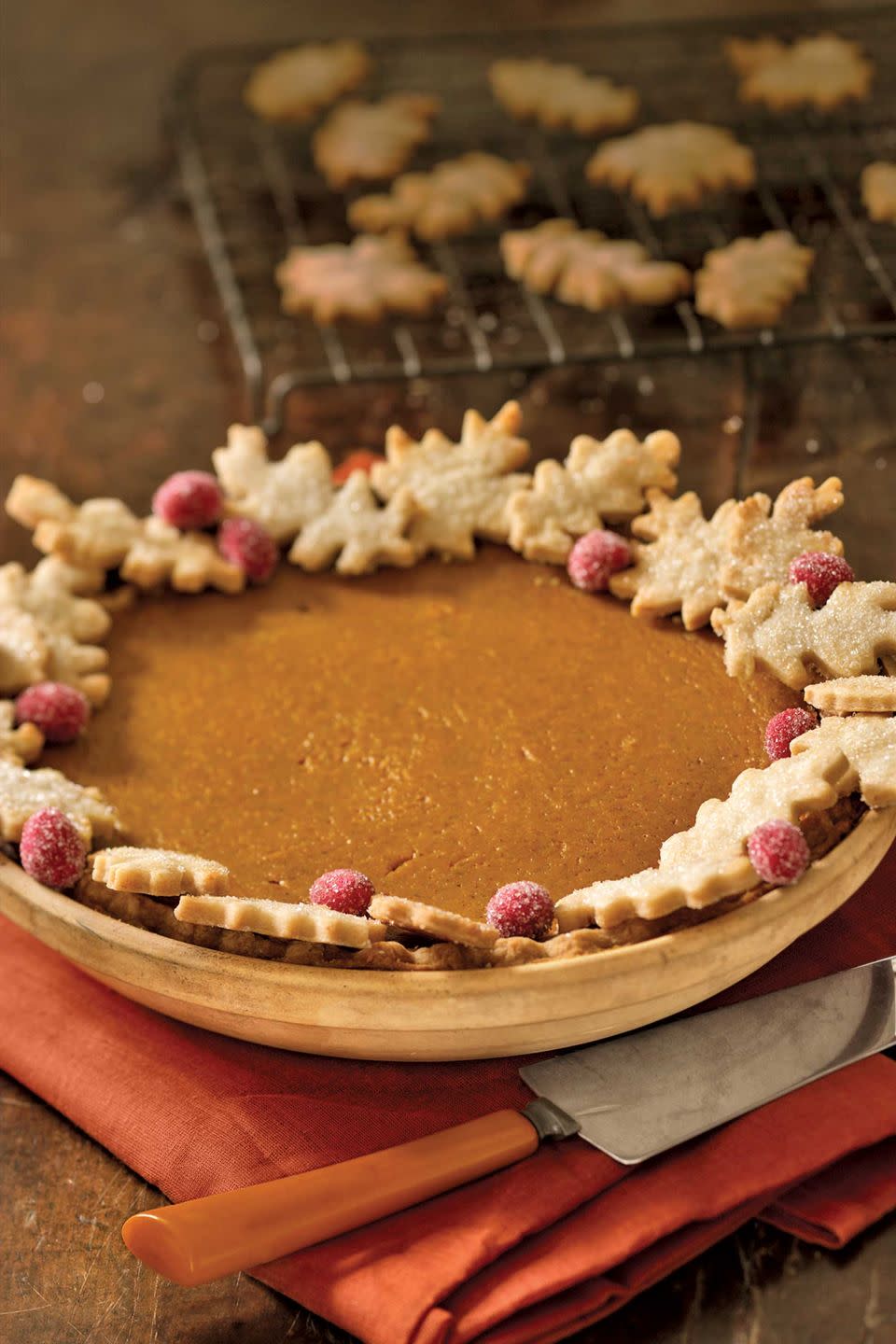 Pumpkin Pie with Autumn Leaves