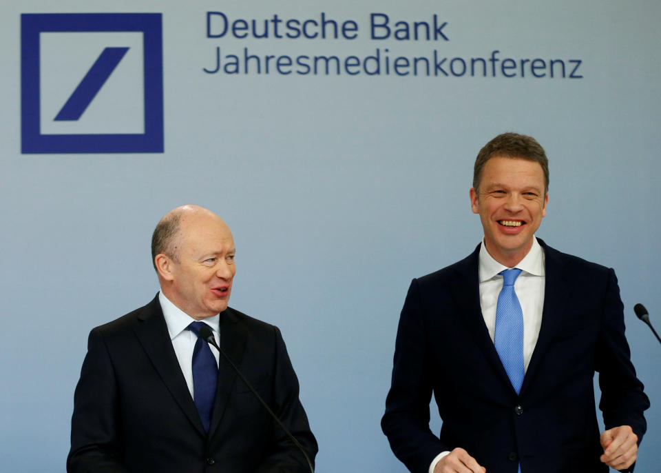 John Cryan, the outgoing CEO of Germany’s Deutsche Bank, left, will be replaced by Christian Sewing, right (REUTERS/Ralph Orlowski)