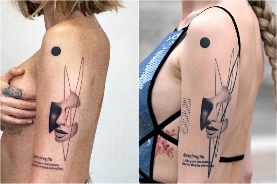 Delevingne's tattoo before and after correction (Instagram via @matteonangeroni / Getty Images)