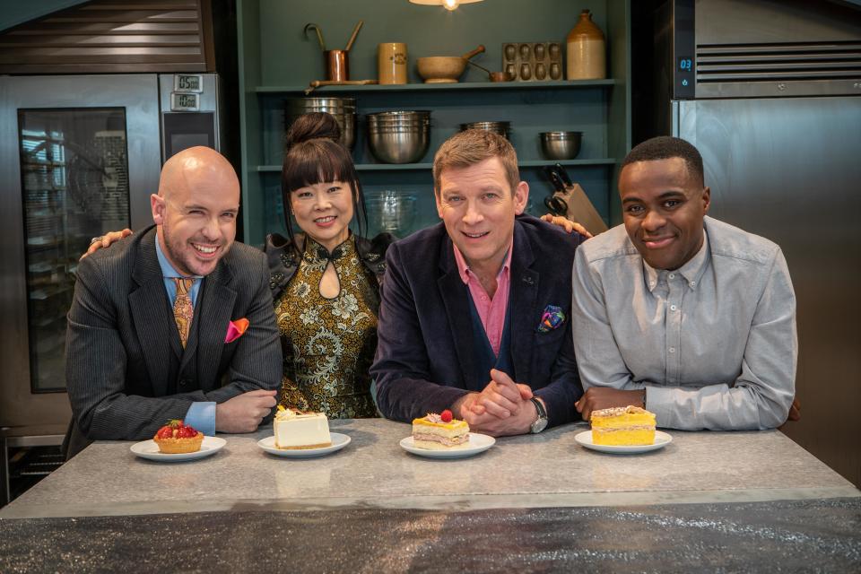 Tom Allen with 'Bake Off: The Professionals' judges Cherish Finden and Benoit Blin and co-host Liam Charles (Channel 4)