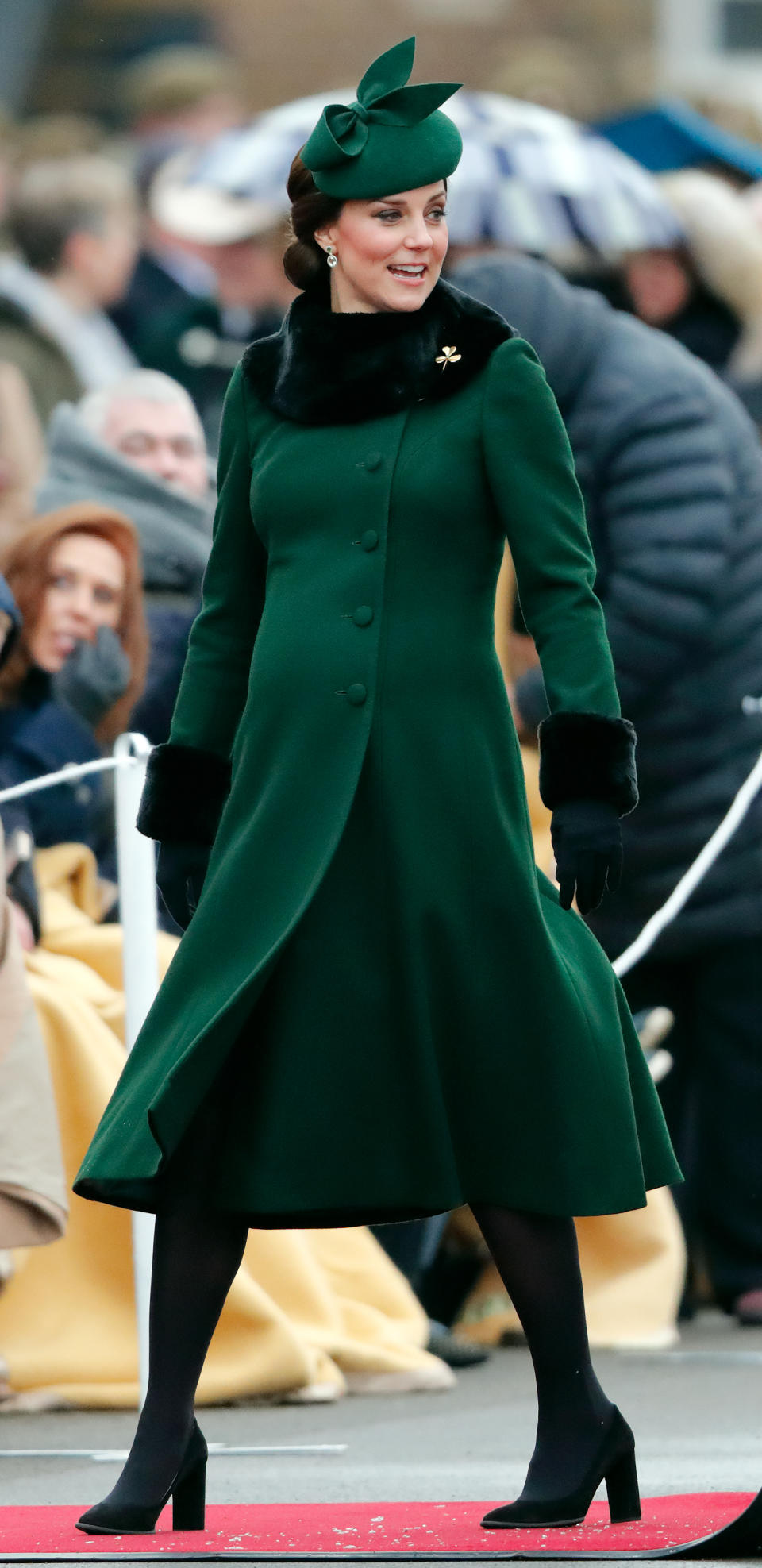 <p><strong>The occassion:</strong> The Annual Irish Guards St Patrick’s Day Parade at Cavalry Barracks.<br><strong>The look:</strong> A green Catherine Walker coat with a matching hat and dark tights. <br>[Photo: Getty] </p>