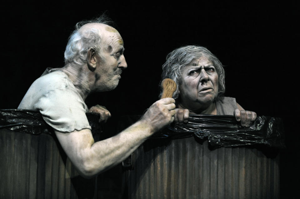 Tom Hickey as Nagg and miriam Margolyes as Nell in Samuel Beckett's "Endgame" directed by Simon McBurney at the Duchess Theatre in London. (Photo by robbie jack/Corbis via Getty Images)