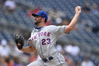 New York Mets starting pitcher David Peterson (23) delivers during the fourth inning of the first baseball game of a doubleheader against the Washington Nationals, Saturday, June 19, 2021, in Washington. (AP Photo/Nick Wass)