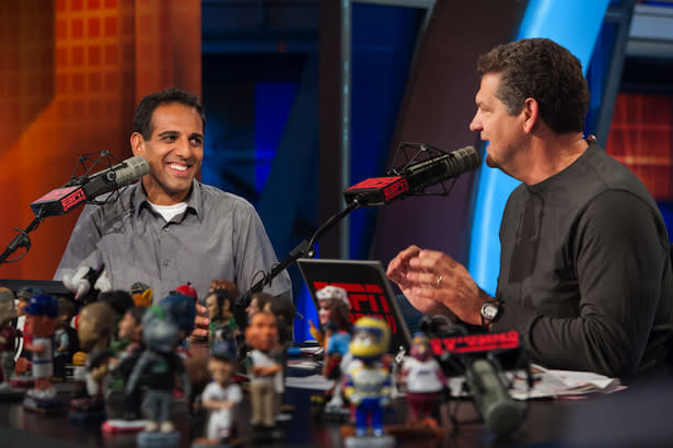 Adnan Virk, left, co-hosting ESPN's Mike and Mike radio show with Mike Golic.