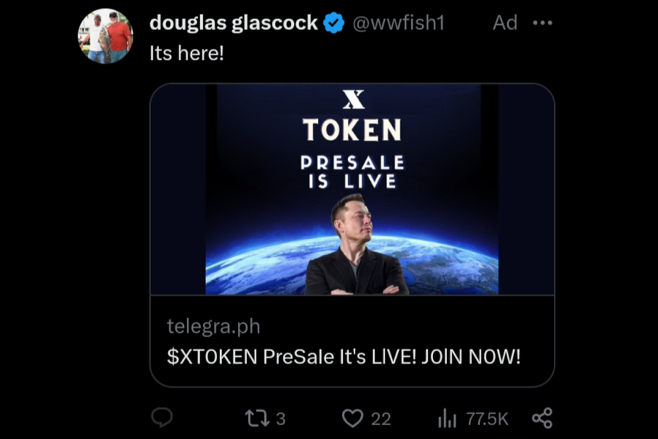 Ads for a cryptocurrency called X token, featuring Elon Musk’s image, have appeared on the platform in October and November 2023 (X/ screenshot)