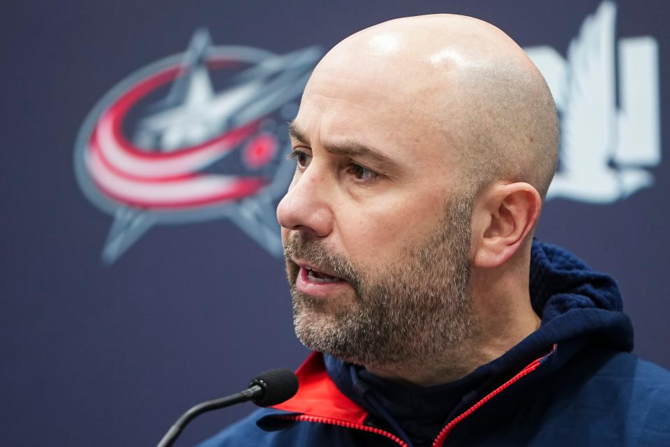 Feb 15, 2024; Columbus, Ohio, USA; Columbus Blue Jackets head coach Pascal Vincent speaks during a press conference after general manager Jarmo Kekalainen was fired at Nationwide Arena.