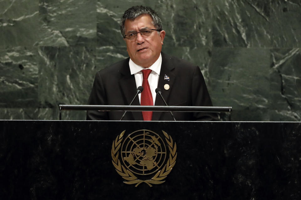 John Silk, Foreign Minister of the Marshall Islands, addresses the 74th session of the United Nations General Assembly, Saturday, Sept. 28, 2019. (AP Photo/Richard Drew)