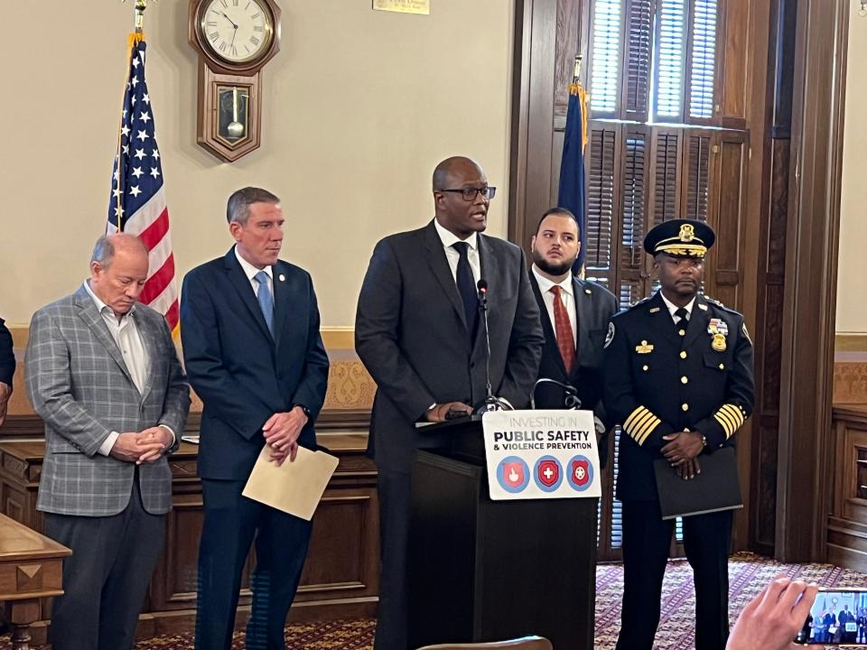 Michigan House Speaker Joe Tate, D-Detroit, speaks during a press conference to announce new legislation to create a $100 million state fund for community public safety spending on Wednesday, May 24, 2023, at the Michigan State Capitol in Lansing, Mich.