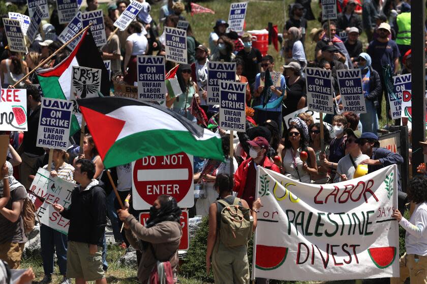 SANTA CRUZ, CALIFORNIA - MAY 20: U.C. Santa Cruz workers who are union members of U.A.W. 4811, which is part of the United Auto Workers, and pro-Palestinian protesters carry signs as they demonstrate in front of the U.C. Santa Cruz campus on May 20, 2024 in Santa Cruz, California. Academic workers at the University of California, Santa Cruz walked off the job Monday morning to strike in protest of the U.C. system's handling of pro-Palestinian demonstrations. Organizers say the walkout will not last beyond June 30. (Photo by Justin Sullivan/Getty Images)