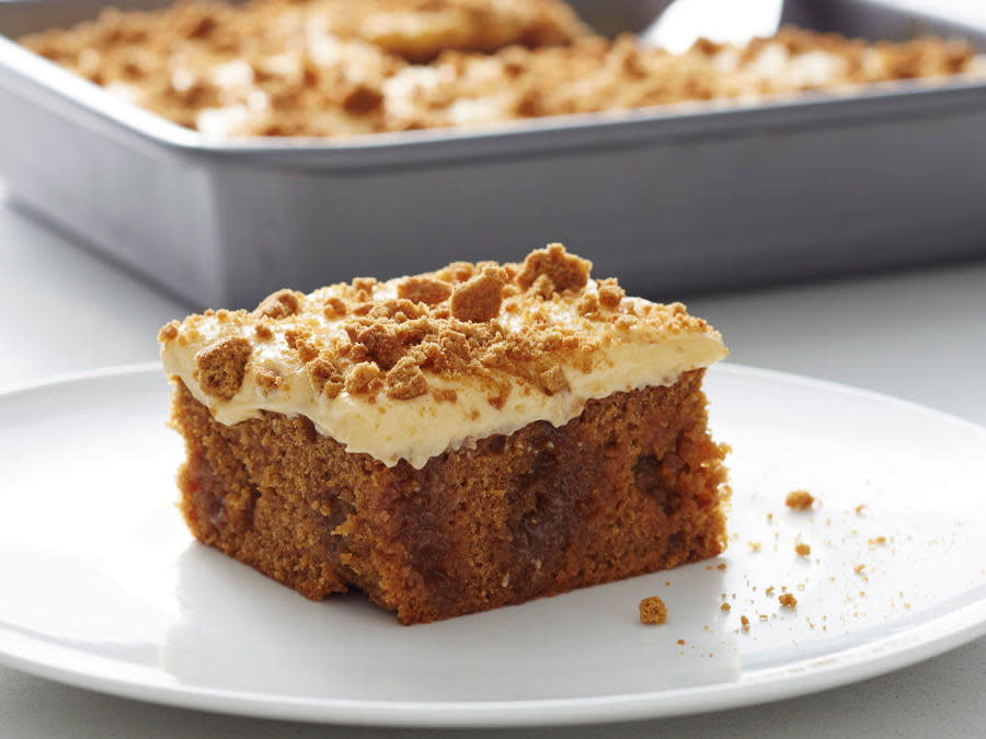 Salted Caramel Gingerbread Poke Cake with Pumpkin Cream Cheese Frosting