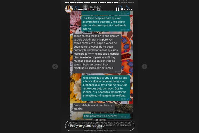 Captura de pantalla de historias en Instagram de Gianinna Maradona.