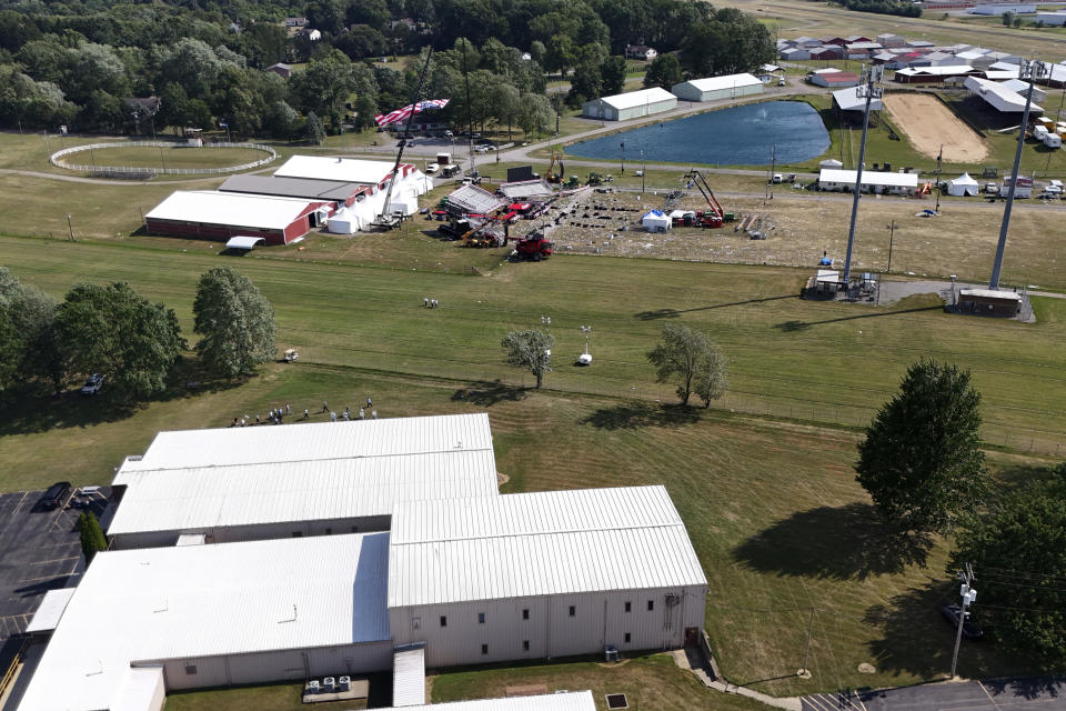 This aerial photo of the Butler Farm Show, site of the Saturday, July 13, 2024 Trump campaign rally, shown Monday, July 15, 2024 in Butler, Pa. On Saturday, Republican presidential candidate former President Donald Trump was wounded during an assassination attempt while speaking at the rally. (AP Photo/Gene J. Puskar)