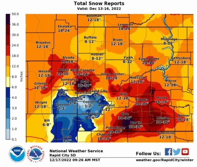 Total snow reports from Dec. 13 - 16 in Western South Dakota