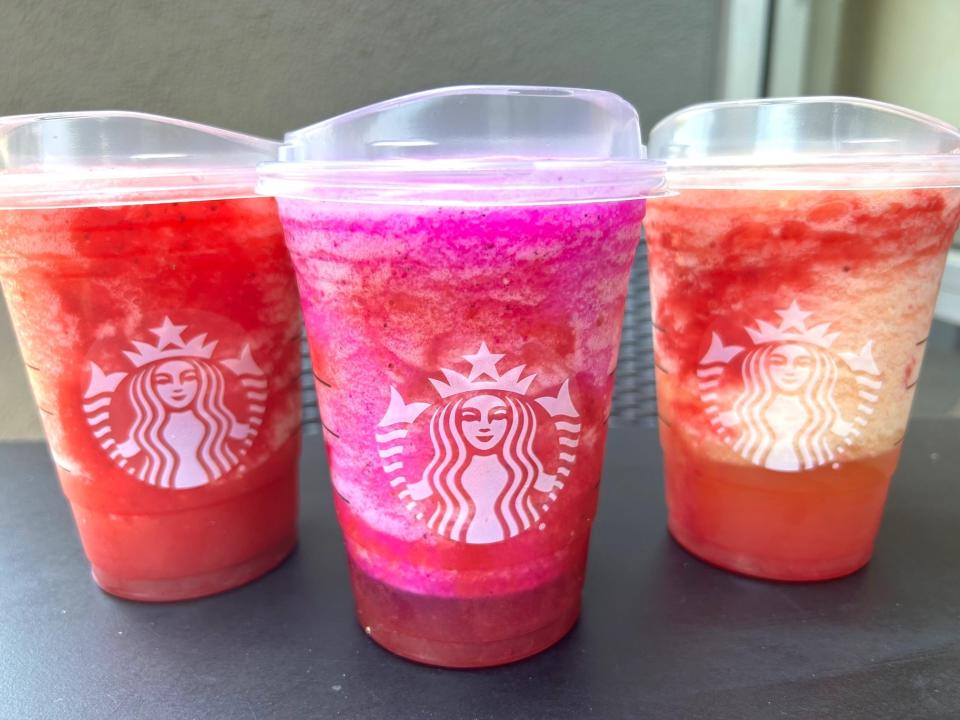 Starbucks Frozen Strawberry Açai Lemonade, Frozen Pineapple Passionfruit Lemonade, Frozen Mango Dragonfruit Lemonade