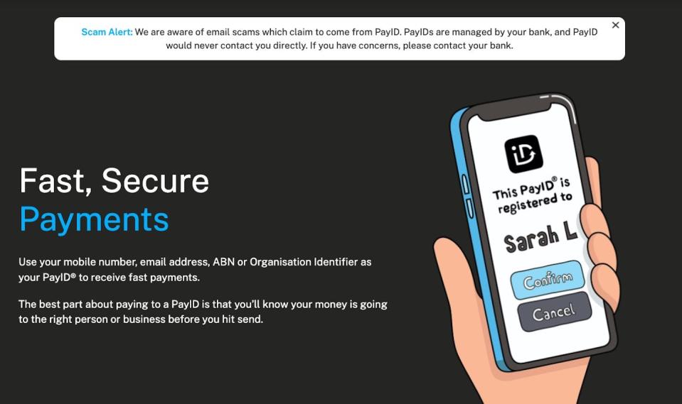 Screenshot of the official PayID website. <a href="https://payid.com.au/" rel="nofollow noopener" target="_blank" data-ylk="slk:PayID;elm:context_link;itc:0;sec:content-canvas" class="link ">PayID</a>, <a href="http://creativecommons.org/licenses/by-sa/4.0/" rel="nofollow noopener" target="_blank" data-ylk="slk:CC BY-SA;elm:context_link;itc:0;sec:content-canvas" class="link ">CC BY-SA</a>