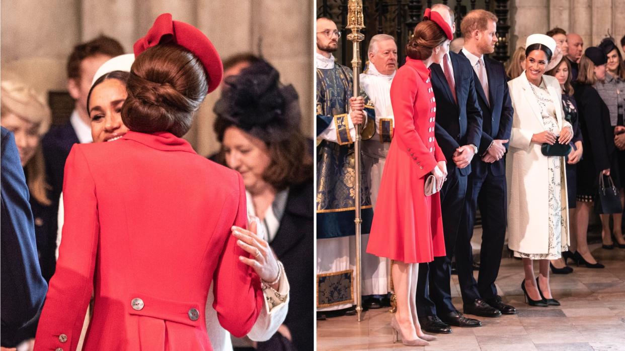 Die Herzoginnen Kate und Meghan umarmten sich bei einem Gottesdienst in Westminster Abbey herzlich. (Bilder: Getty Images)