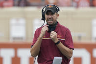 Iowa State head coach Matt Campbell reacts during the first half of an NCAA college football game against Texas, Friday, Nov. 27, 2020, in Austin, Texas. (AP Photo/Eric Gay)