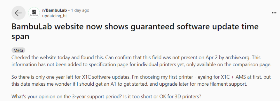 reddit posting on Bambu lab firmware
