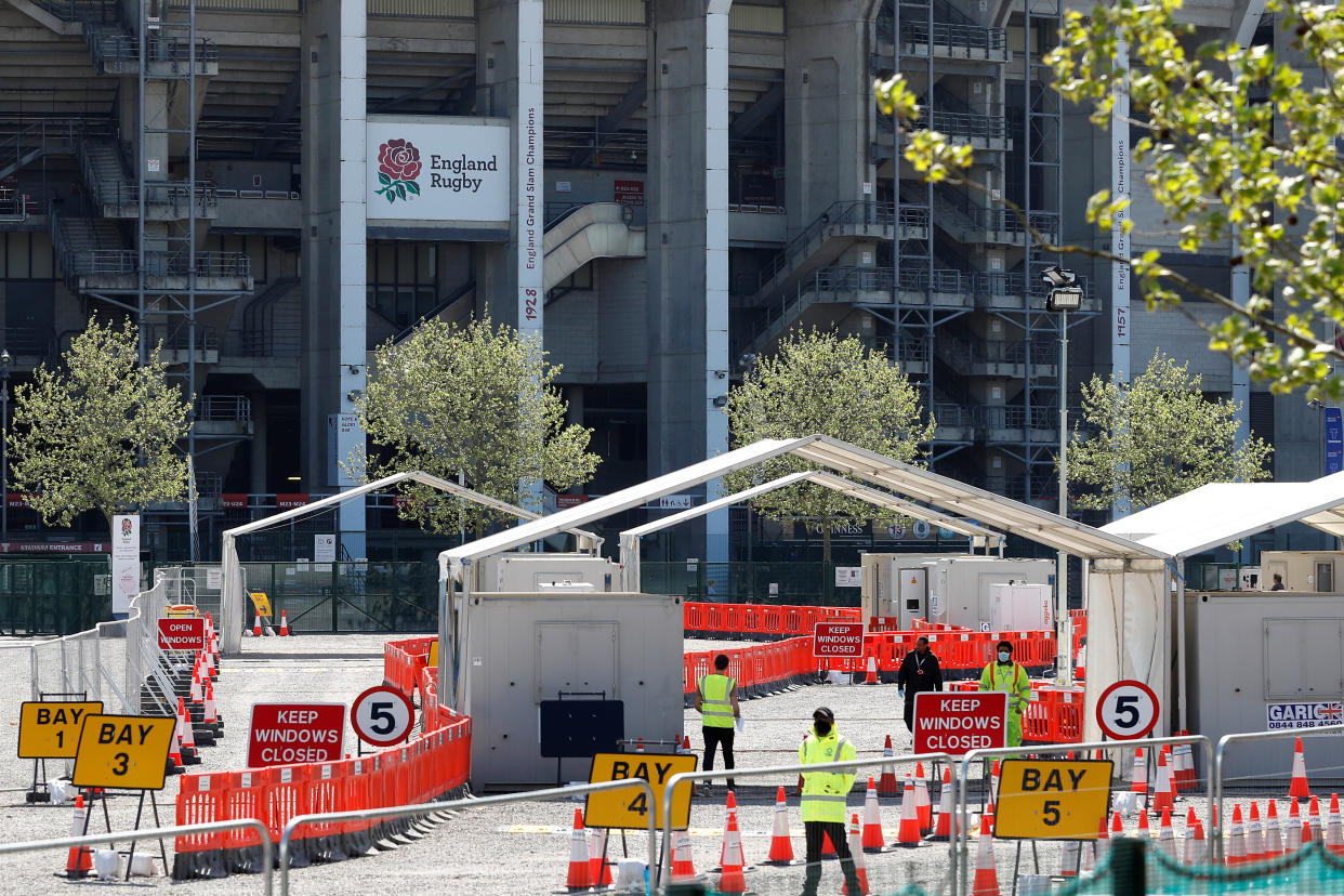 A coronavirus test centre is seen at Twickenham stadium, as the spread of the coronavirus disease (COVID-19) continues, London, Britain, April 20, 2020. REUTERS/Peter Nicholls