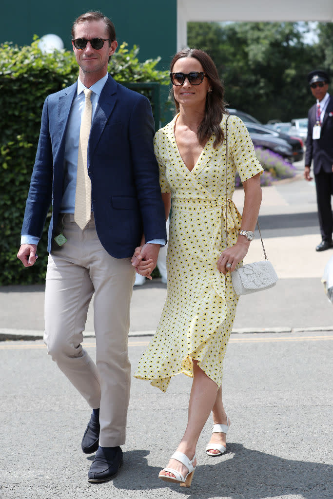 A photo of Pippa Middleton and James Matthews on Centre Court during day eleven of the Wimbledon Tennis Championships at All England Lawn Tennis and Croquet Club on July 12, 2019 in London, England.