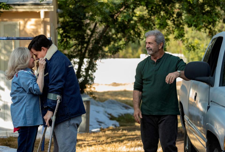 Kathleen Long (Jacki Weaver), Stuart (Mark Wahlberg) and Bill Long (Mel Gibson) in a scene from "Father Stu."