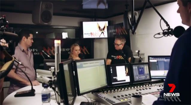 Lambert (left) during a radio segment in Brisbane. Source: 7News