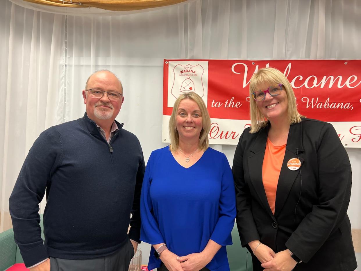 Liberal candidate Fred Hutton, left, PC's Tina Neary, center, and Kim Churchill of the NDP took to the debate stage Sunday to discuss the issues unique to Bell Island. (William Ping/CBC - image credit)