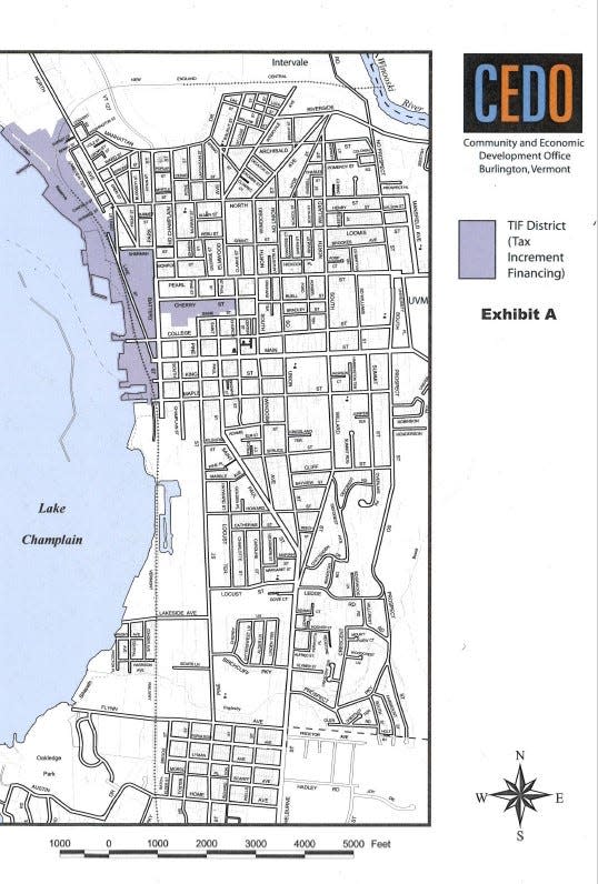 Burlington's Waterfront TIF District shown on a city map. The district was created in 1996 to fund improvements to Lake Street.