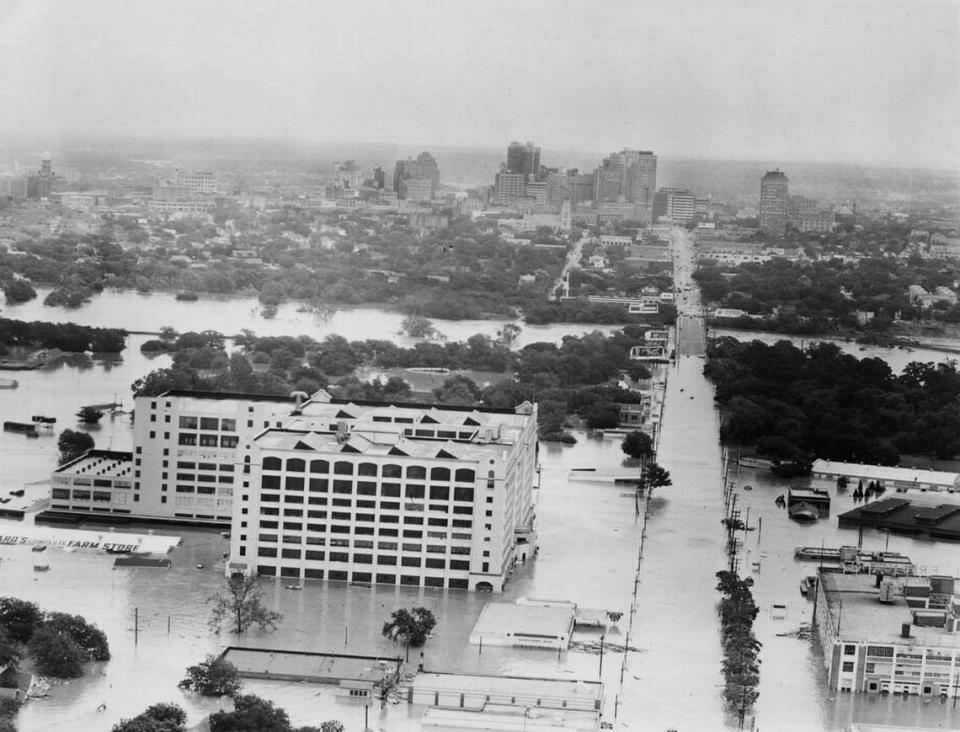 In 1949, there was extensive flood damage in Fort Worth due to inadequate flood control. This photo was taken May 17, 1949, of the Montgomery Ward building (now Montgomery Plaza) on West 7th Street, looking east toward downtown.